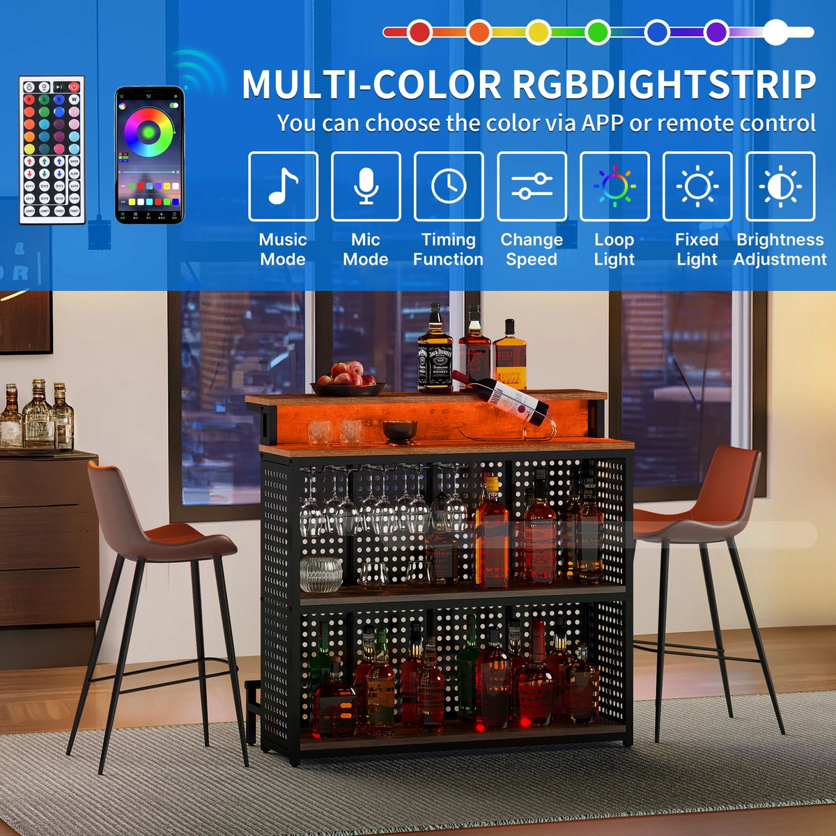 4 Tier Bar Unit with LED Lights and Stemware Rack I555