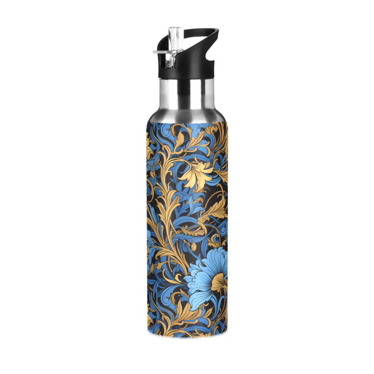 Blue Flowers Stainless Steel Insulated Water Bottle with Straw Lid M968