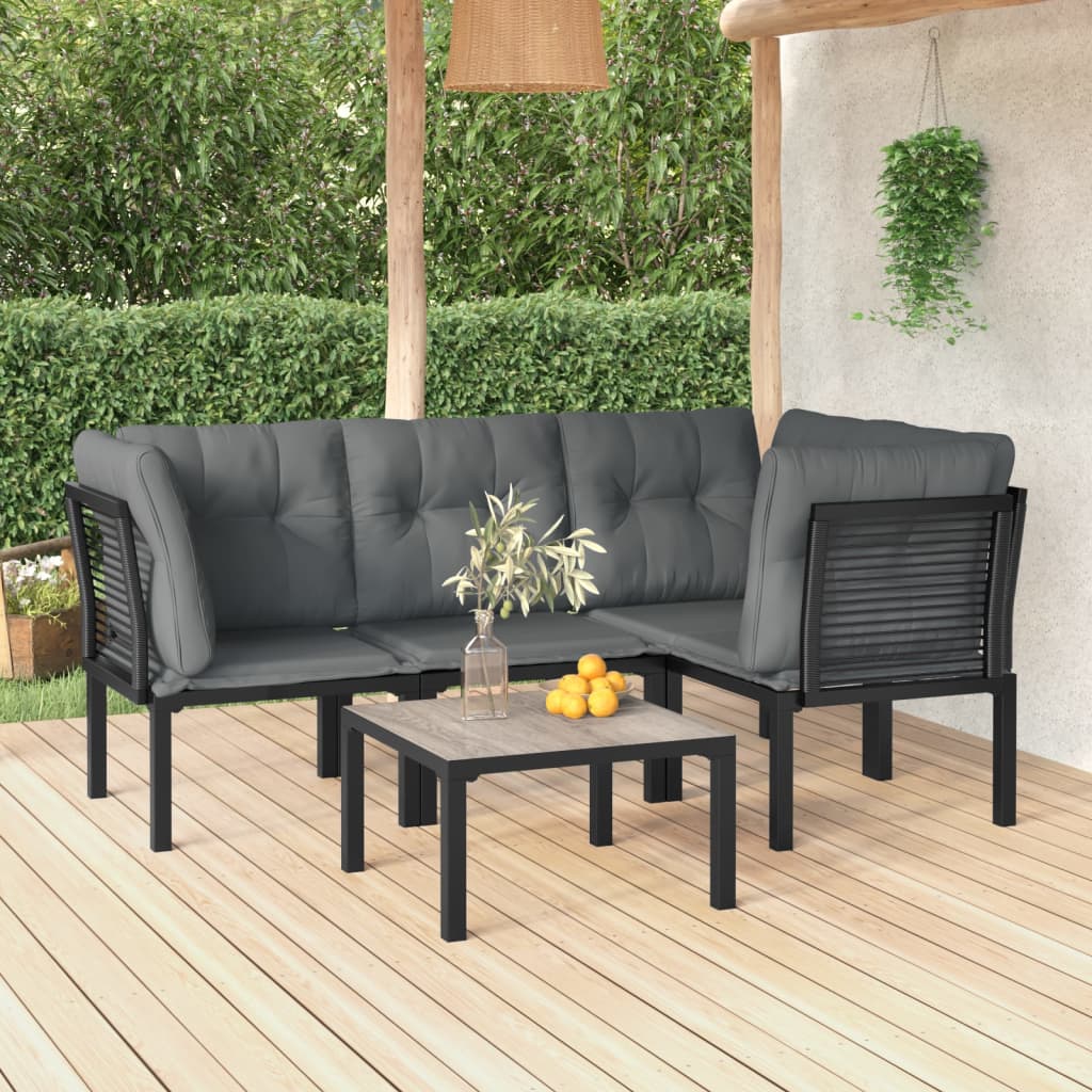 5 Piece Outdoor Patio Furniture Set, Black Poly Rattan Sectional Sofa with Dark Gray Cushions M729