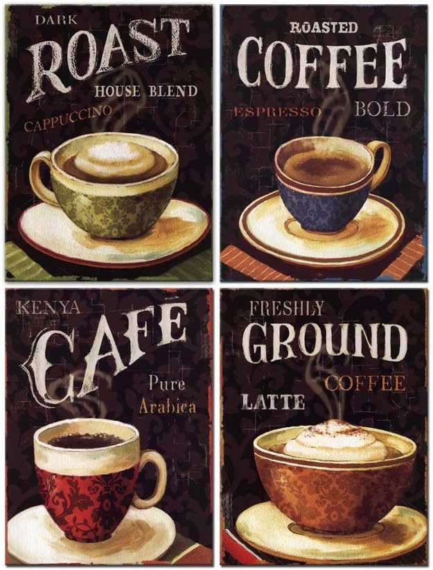 Retro Coffee Cafe Wall Art Canvas 4 Panel Painting Prints N394