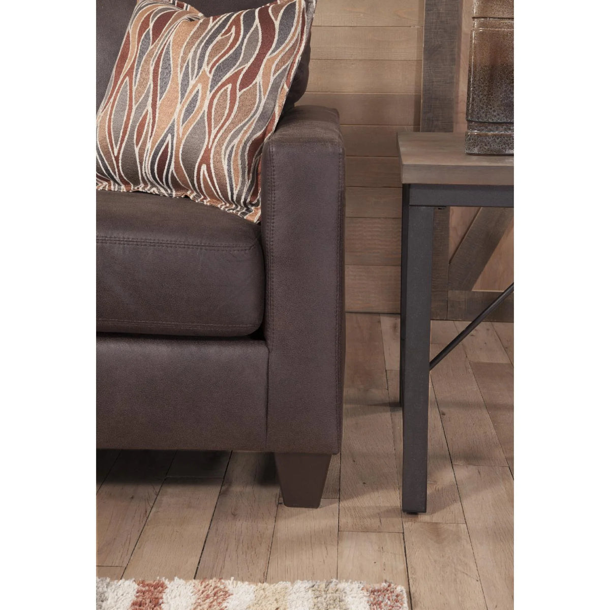 Pinto Brown Faux Leather Square Arm Sofa with Two Accent Pillows F7679