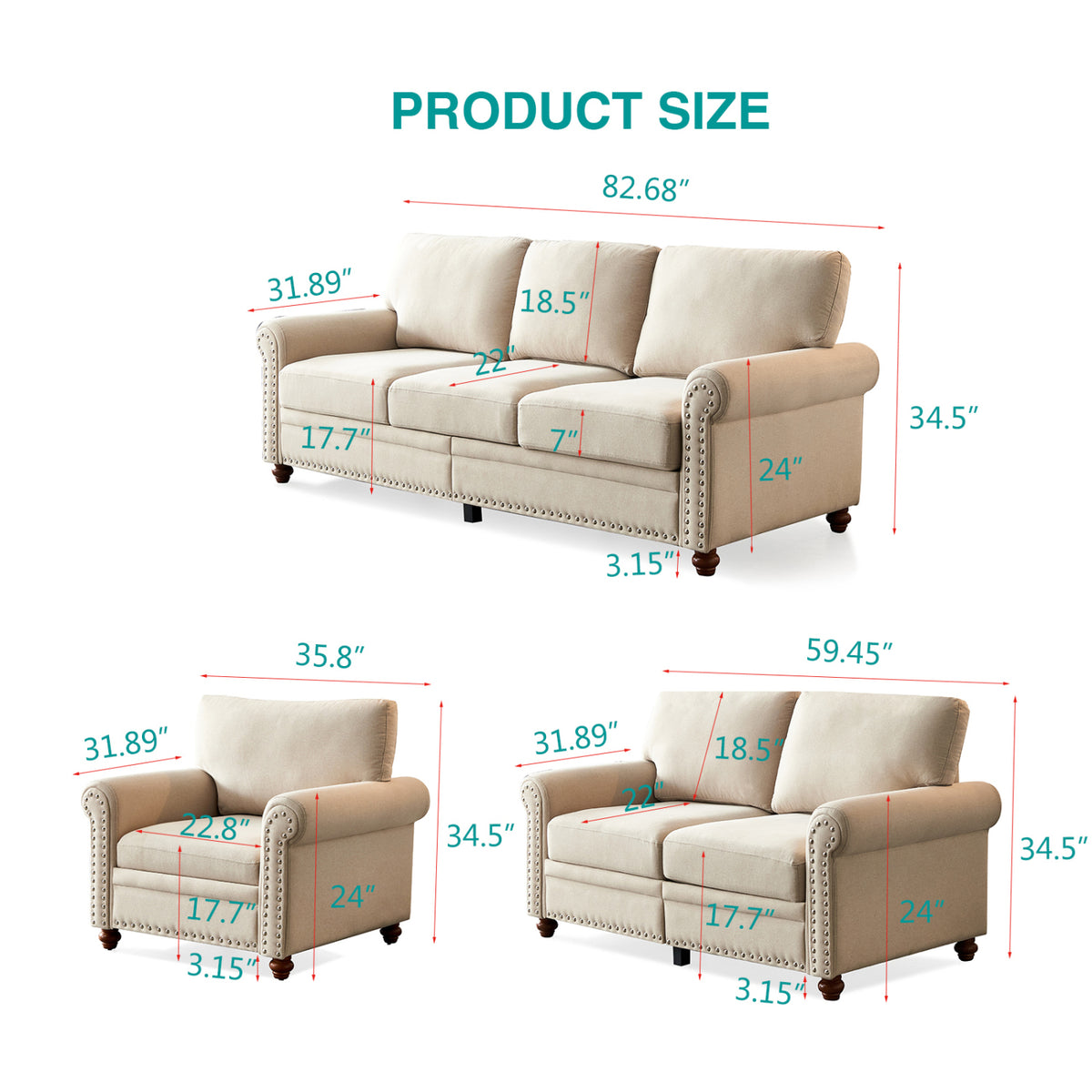 Beige Fabric 3 Piece Sofa Set F195146