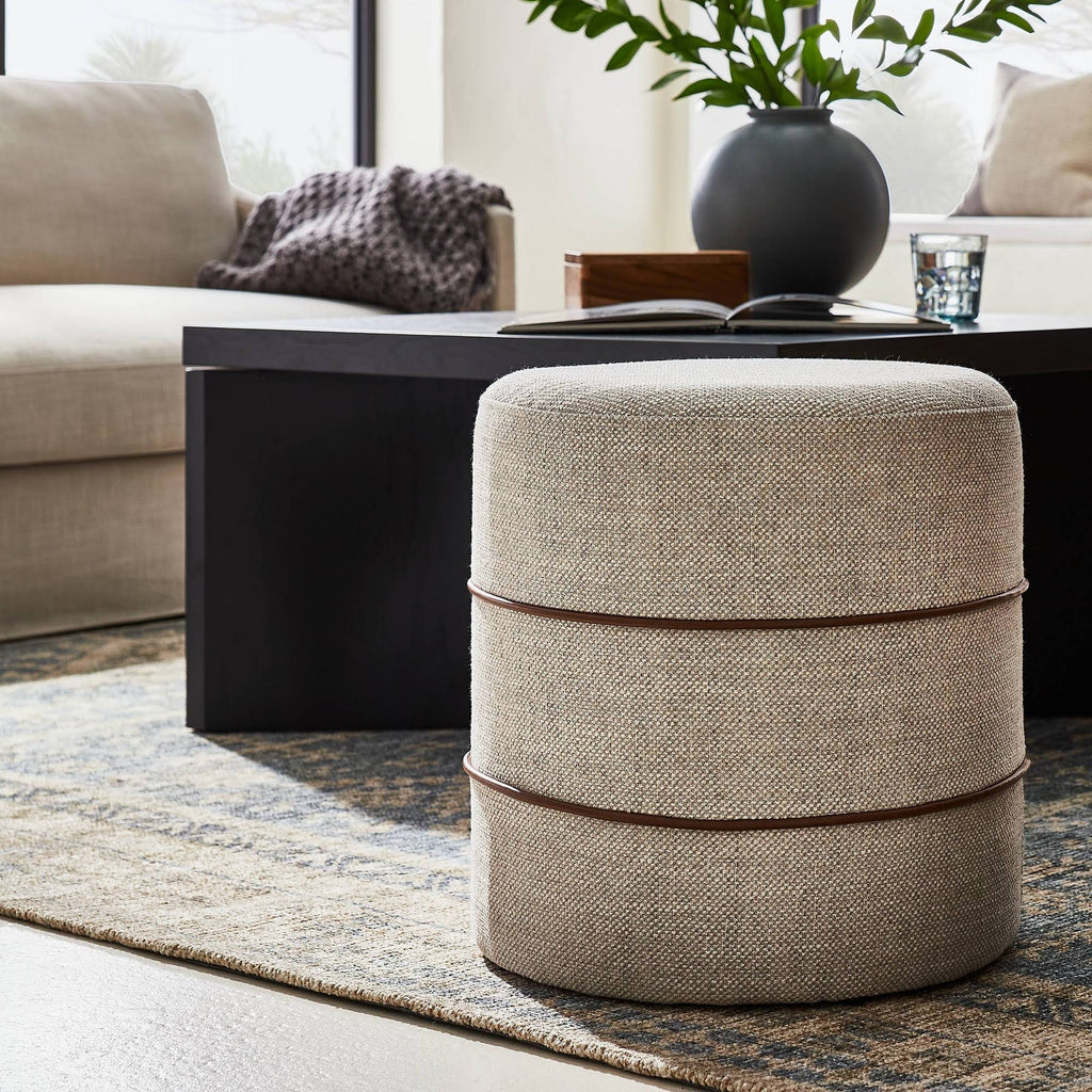 Cream Round Ottoman with Leather Piping D749358