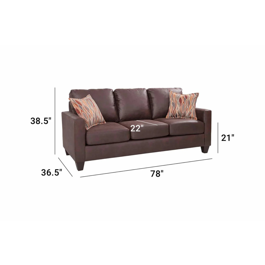 Pinto Brown Faux Leather Square Arm Sofa with Two Accent Pillows F7679