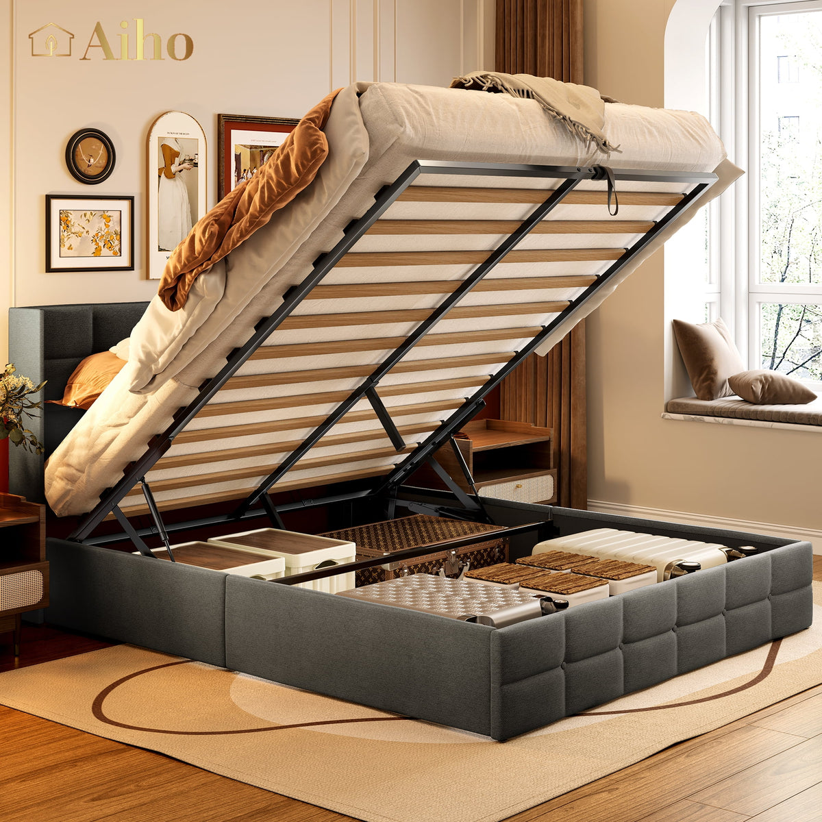 Queen Size Lift Up Storage Bed with Wingback Headboard B770075