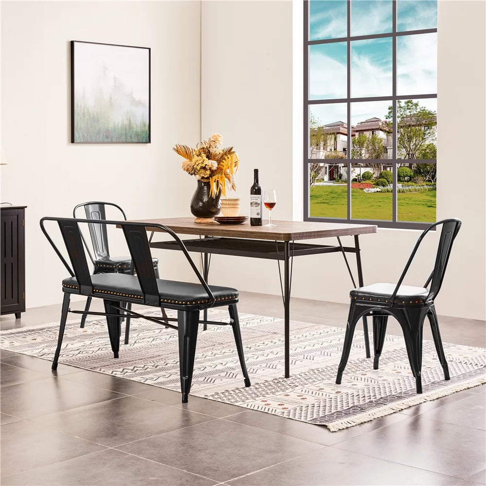 Black Metal Dining Bench with Upholstered Seat V412