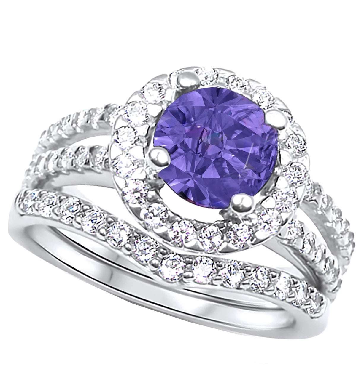 Purple CZ Black Silver Wedding Engagement Rings Set W4462