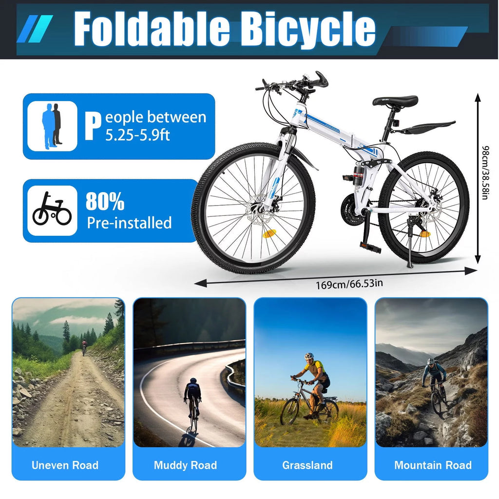 26 Mountain Folding Bike 21-speed Blue & White O224