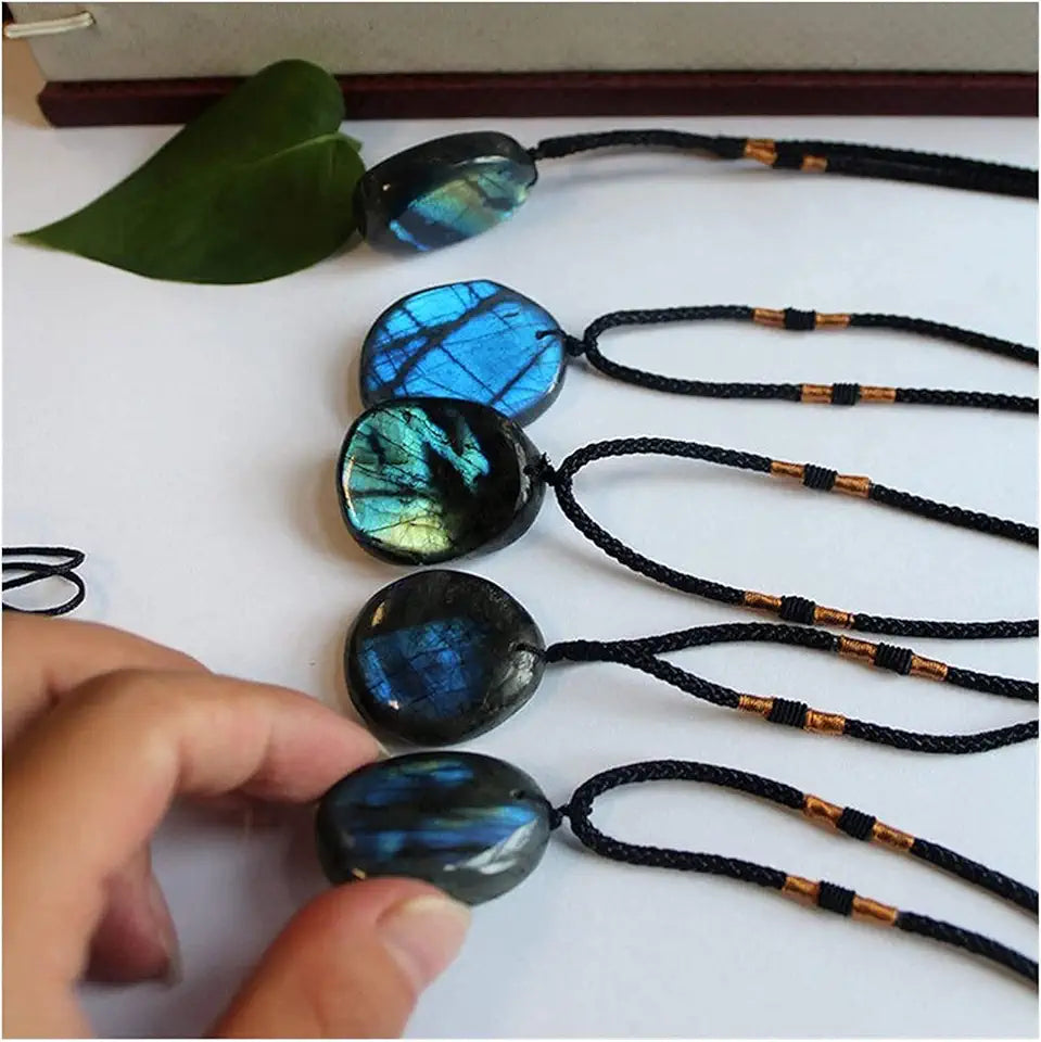 Natural Labradorite Moonstone Polished Drum Stone Quartz Crystal Point Pendant Necklace W7212