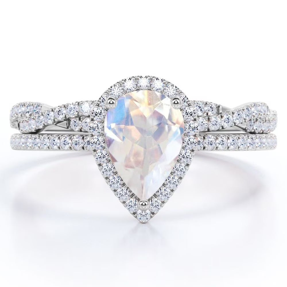 18K White Gold Plated Teardrop Rainbow Moonstone and Moissanite Wedding Ring Set L83663
