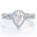 18K White Gold Plated Teardrop Rainbow Moonstone and Moissanite Wedding Ring Set L83663
