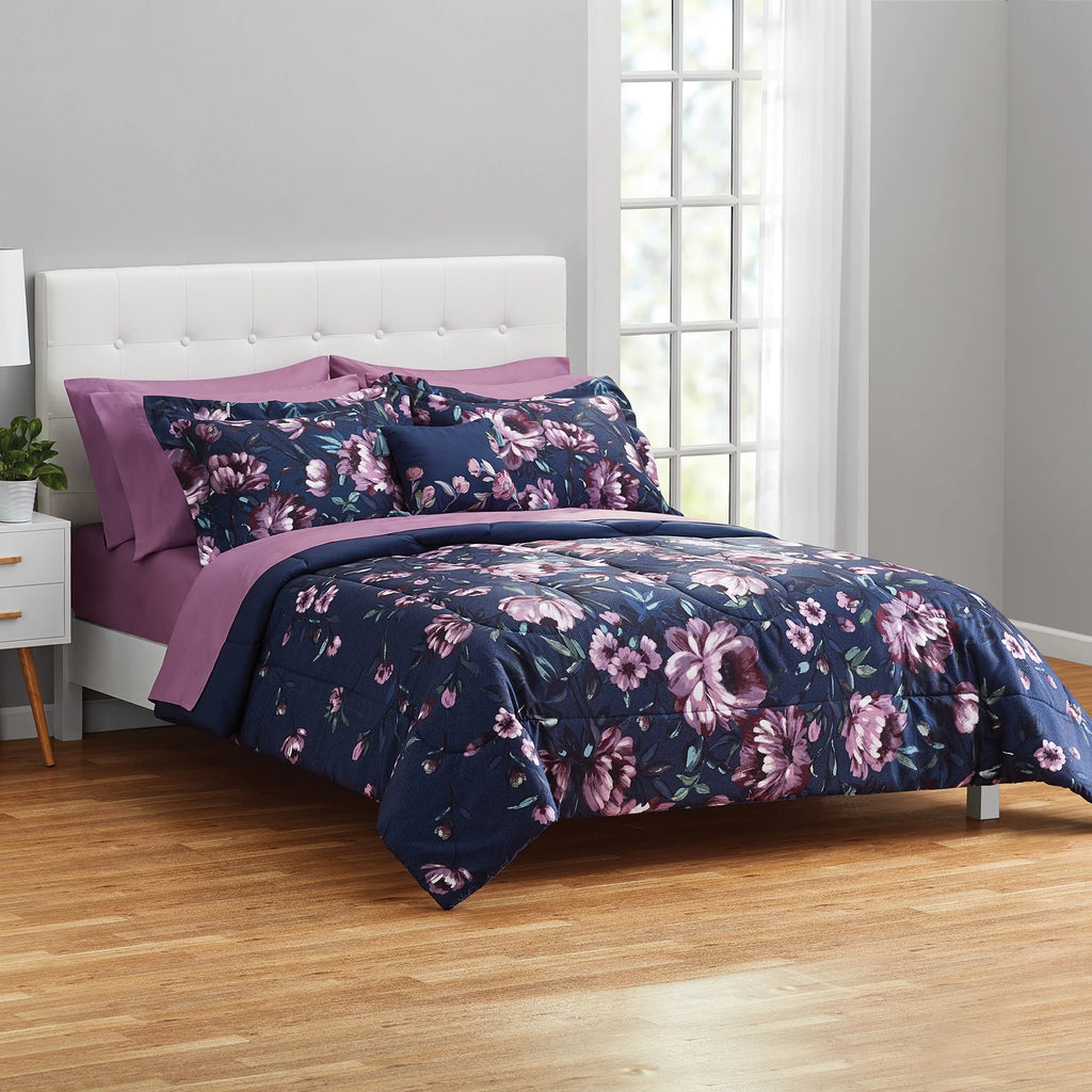 Blue Floral 10 Piece Queen Comforter Set with Sheets B9242