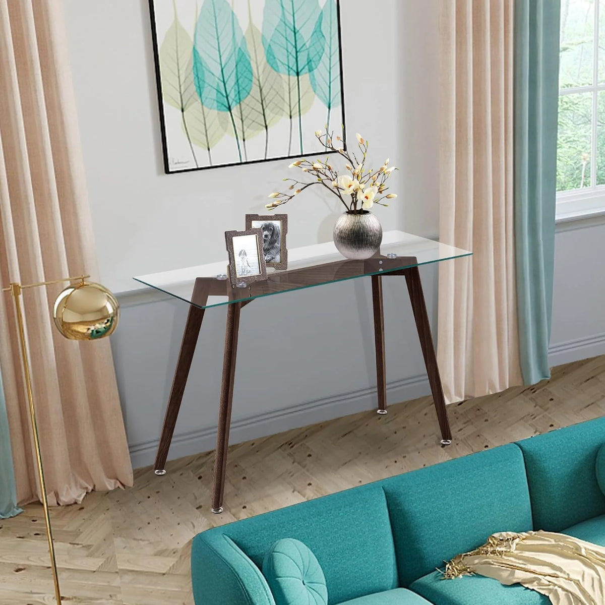 Glass Console Table with Solid Wood Legs I63899