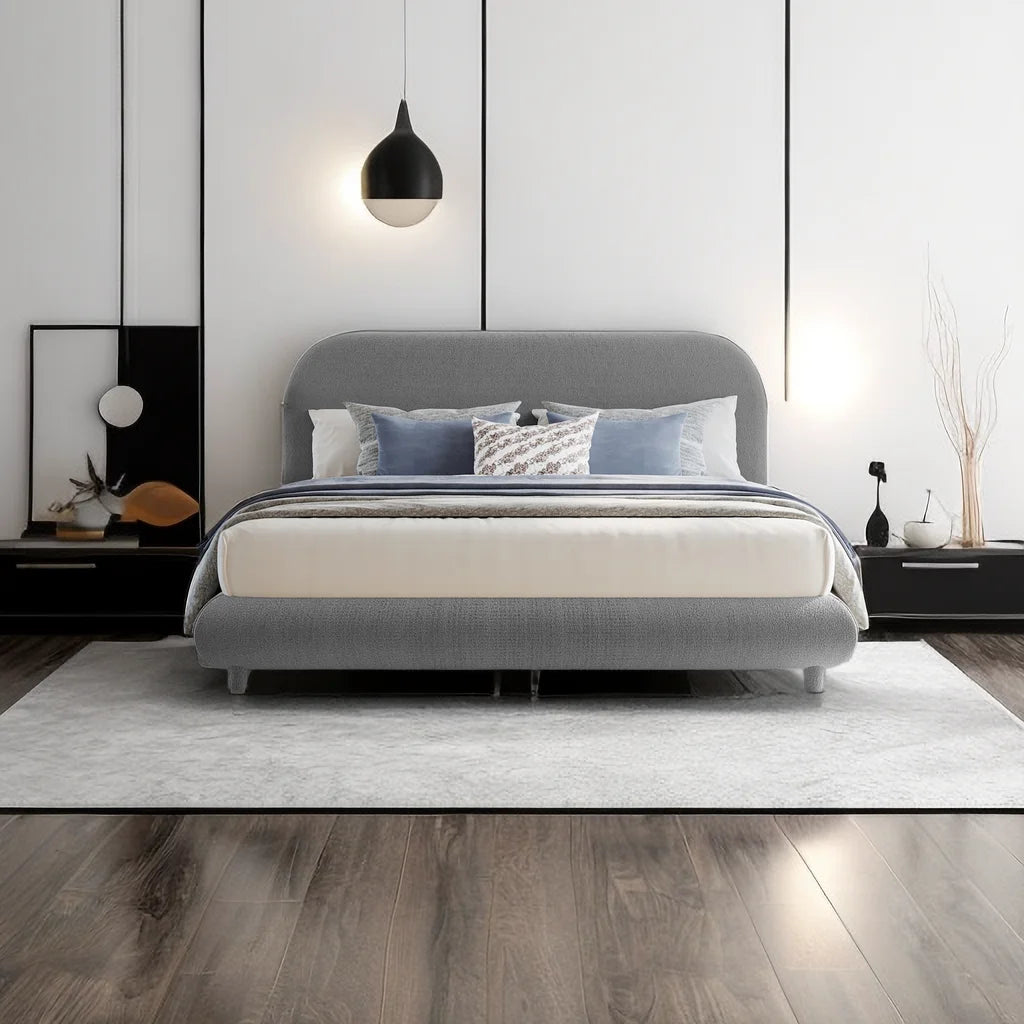 Queen Size Teddy Fleece Upholstered Platform Bed with Curve-Shaped Headboard G9482