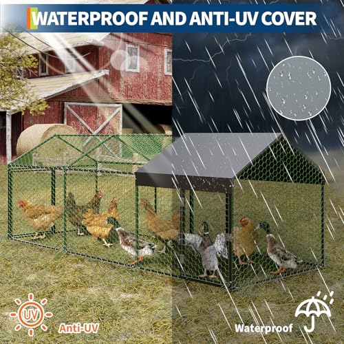 Metal Chicken Coop with Waterproof Cover, 120" x40" x40" Large Chicken Run with 3 Doors, Silver Q29349