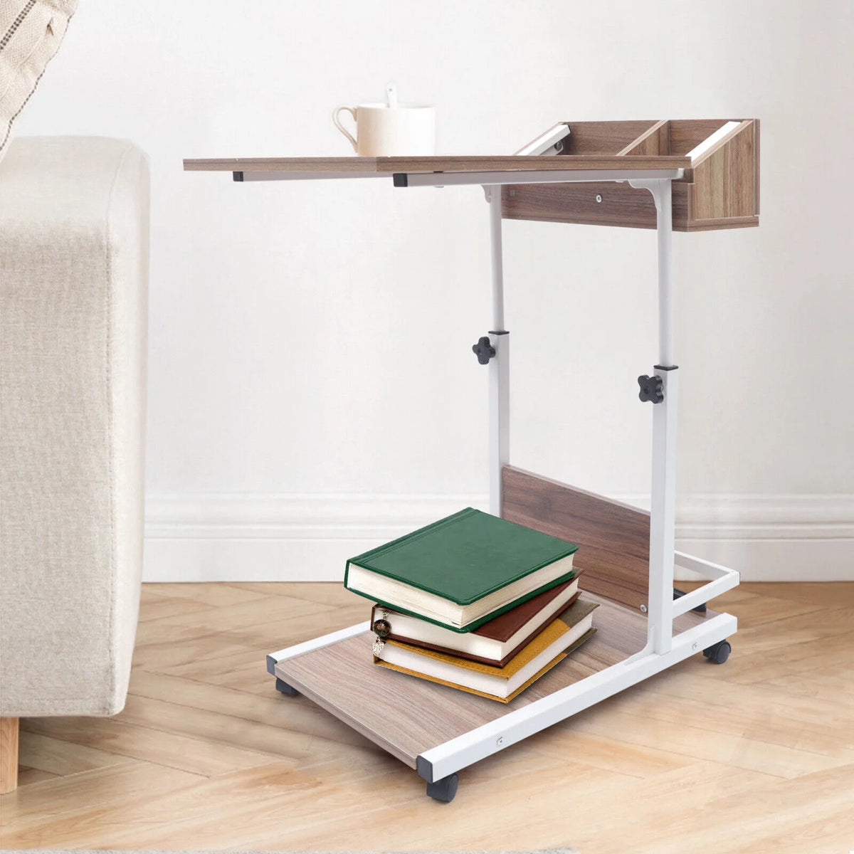 C Shaped Mobile Sofa Side Table with Wheels and Storage Shelves Y2056