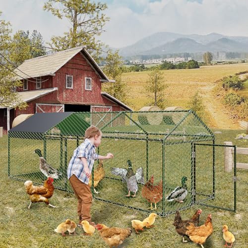 Metal Chicken Coop with Waterproof Cover, 120" x40" x40" Large Chicken Run with 3 Doors, Silver Q29349