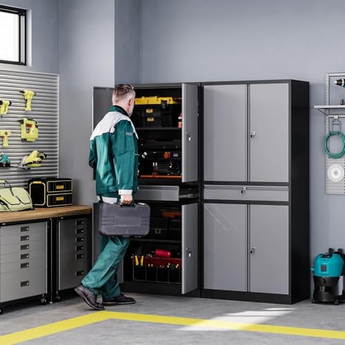 Metal Garage Storage Cabinet with Drawer, 4 Door Tool Cabinet with Lock D638