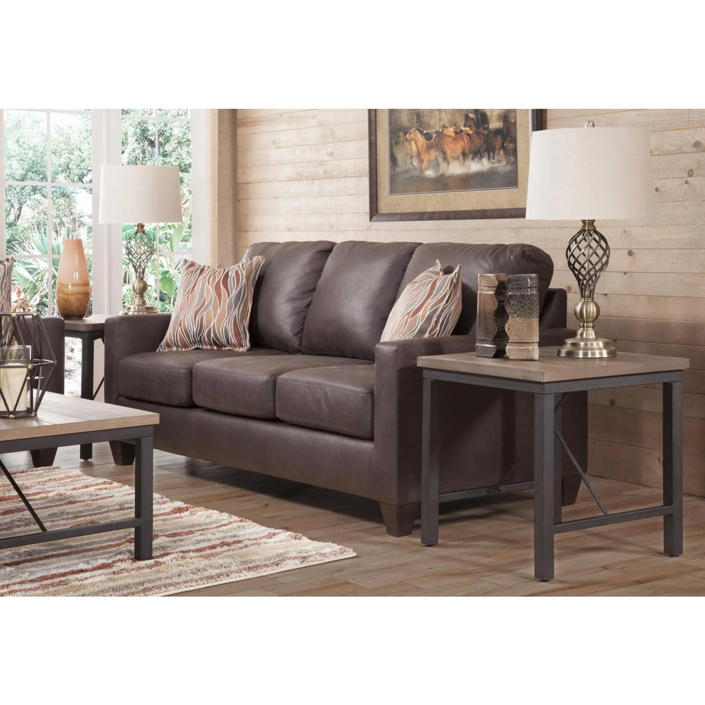 Pinto Brown Faux Leather Square Arm Sofa with Two Accent Pillows F7679