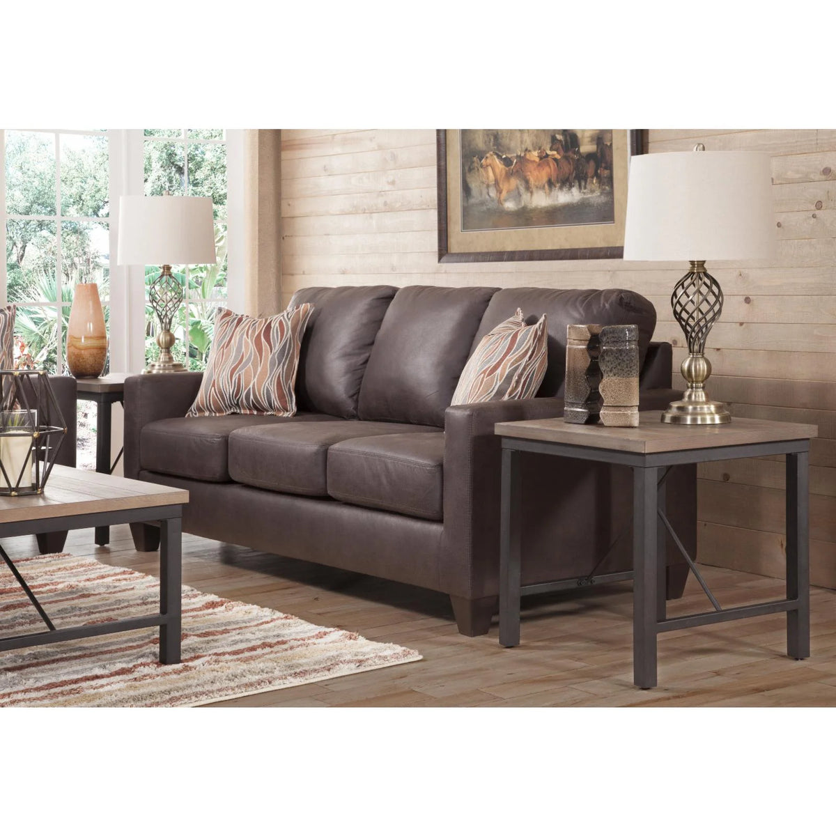Pinto Brown Faux Leather Square Arm Sofa with Two Accent Pillows F7679