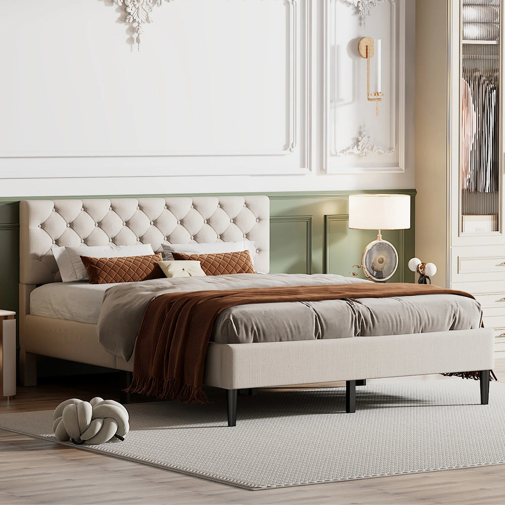 Beige Upholstered Fabric Queen Size Platform Bed Frame with Headboard M437088