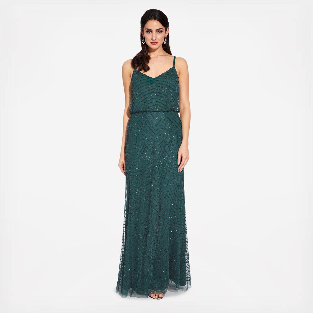 Beaded Blouson Gown, Dusty Emerald, Size: 14 W8721