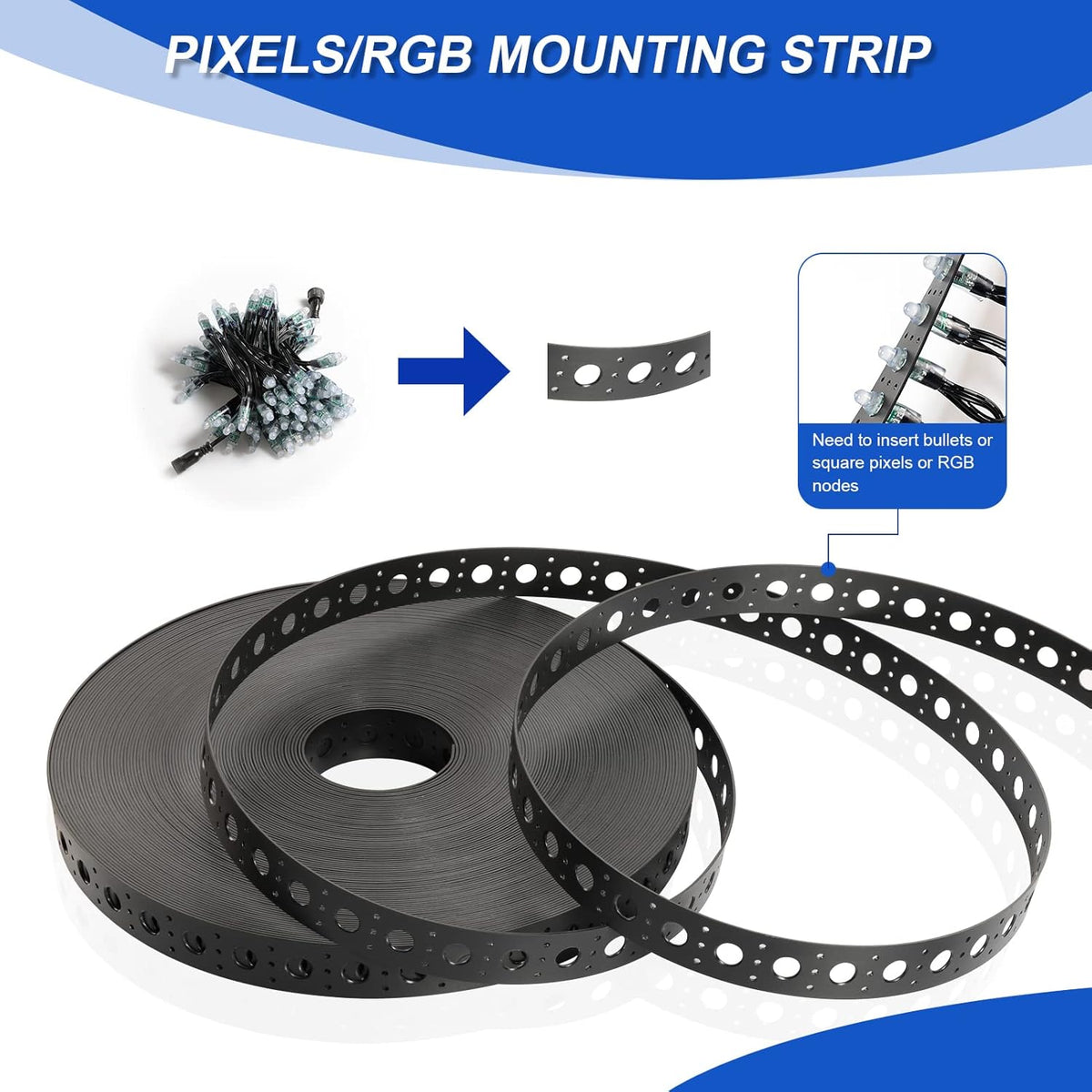 Black Mounting Strip for 12mm RGB Pixel Node, 50meter/Roll, 1 inch Hole Spacing, 30mm Wide, 1.6mm Thick, Pack of 2 S7049