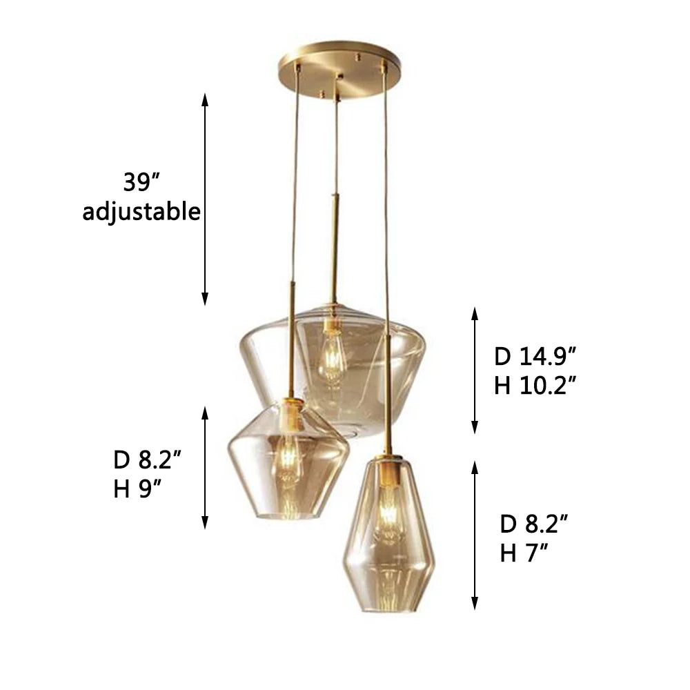 Vintage Glass 3 Light Pendant Lamp Adjustable Height Gold Finish K62958