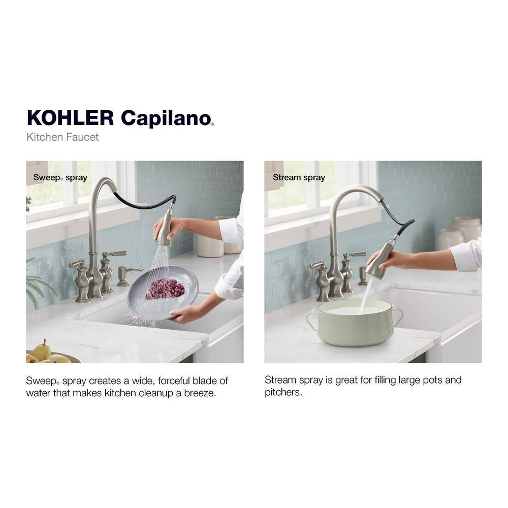 2-Handle Bridge Farmhouse Pull-Down Kitchen Faucet with Soap Dispenser I133729