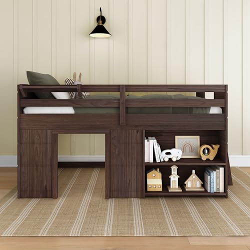 Twin Size Solid Wood Low Loft Bed with Storage Drawer and Ladder Y30967