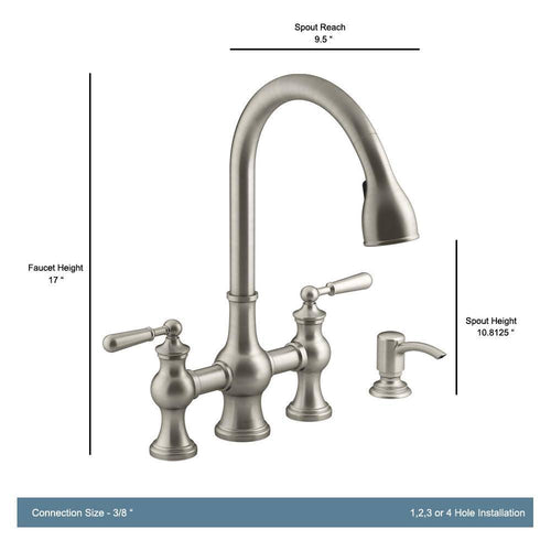 2-Handle Bridge Farmhouse Pull-Down Kitchen Faucet with Soap Dispenser I133729