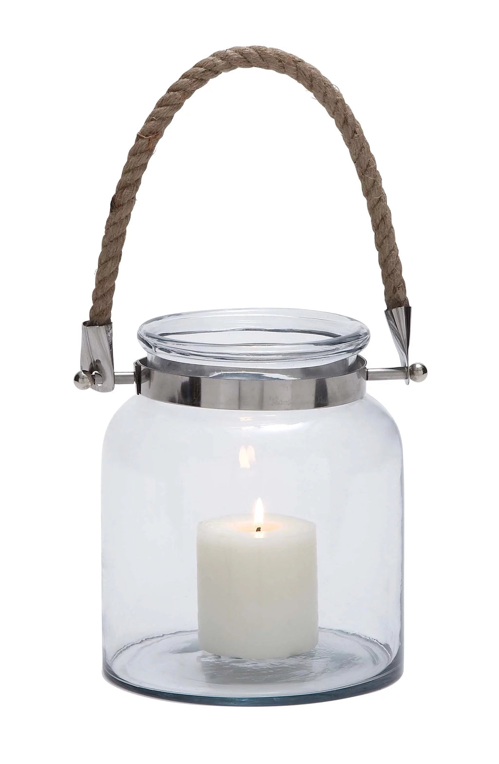 Clear Glass Handmade Decorative Candle Lantern with Rope Handle H245