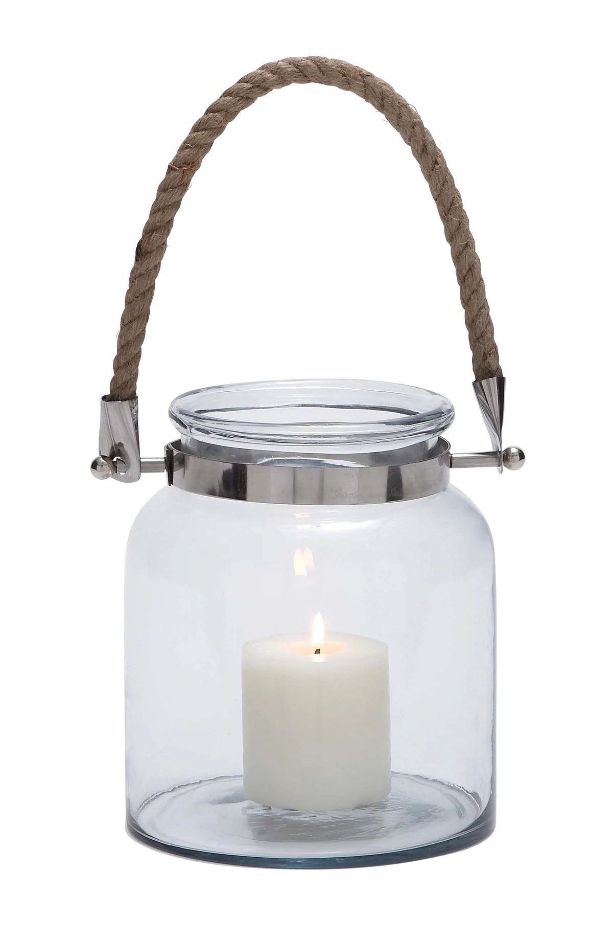 Clear Glass Handmade Decorative Candle Lantern with Rope Handle H245