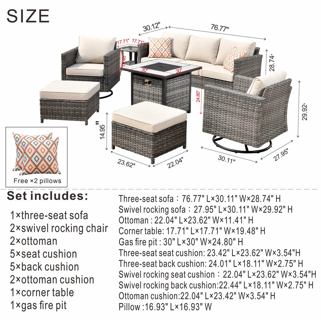 7 Pieces All Weather Wicker Patio Furniture Set with Fire Pit Table M7886