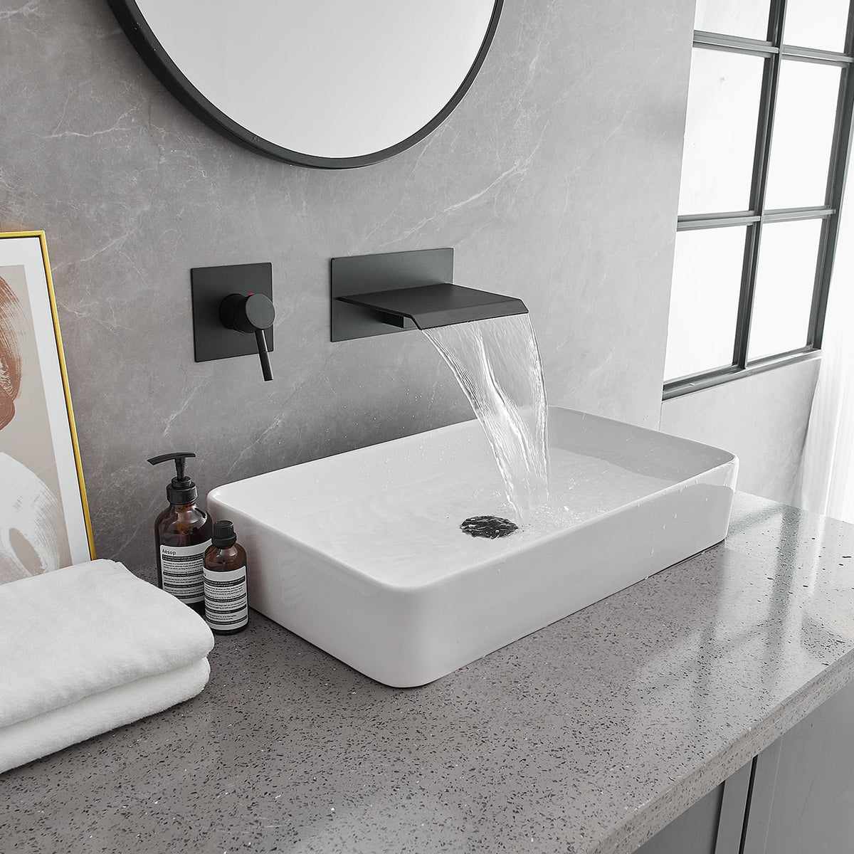 Wall Mount Waterfall Bathroom Faucet Matte Black T8085