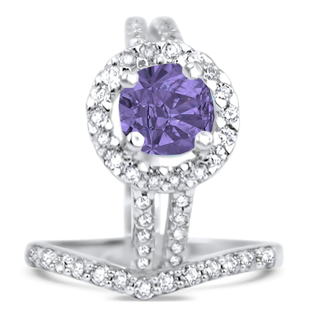 Purple CZ Black Silver Wedding Engagement Rings Set W4462