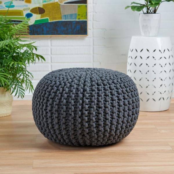 Gray Hand Knitted Pouf Ottoman Y31697