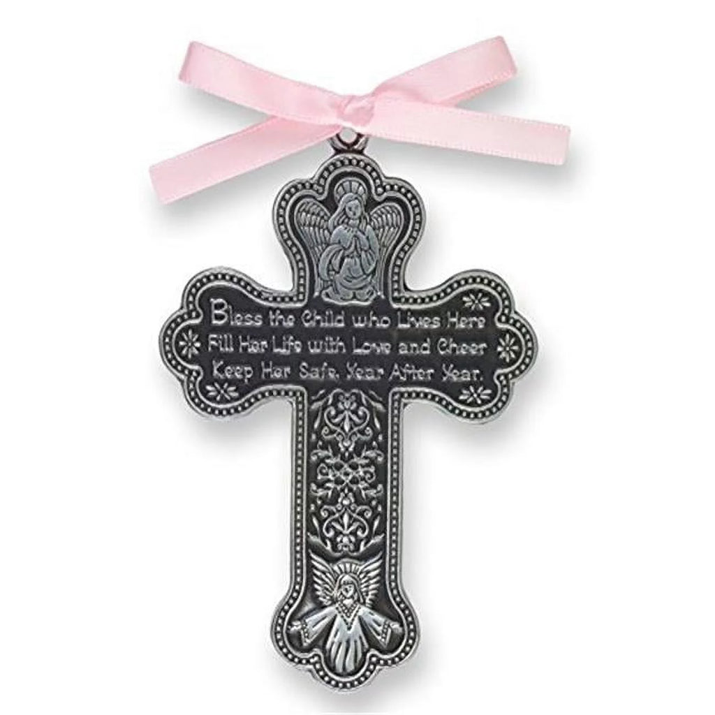 Pewter Crib Cross with Pink Ribbon F17587