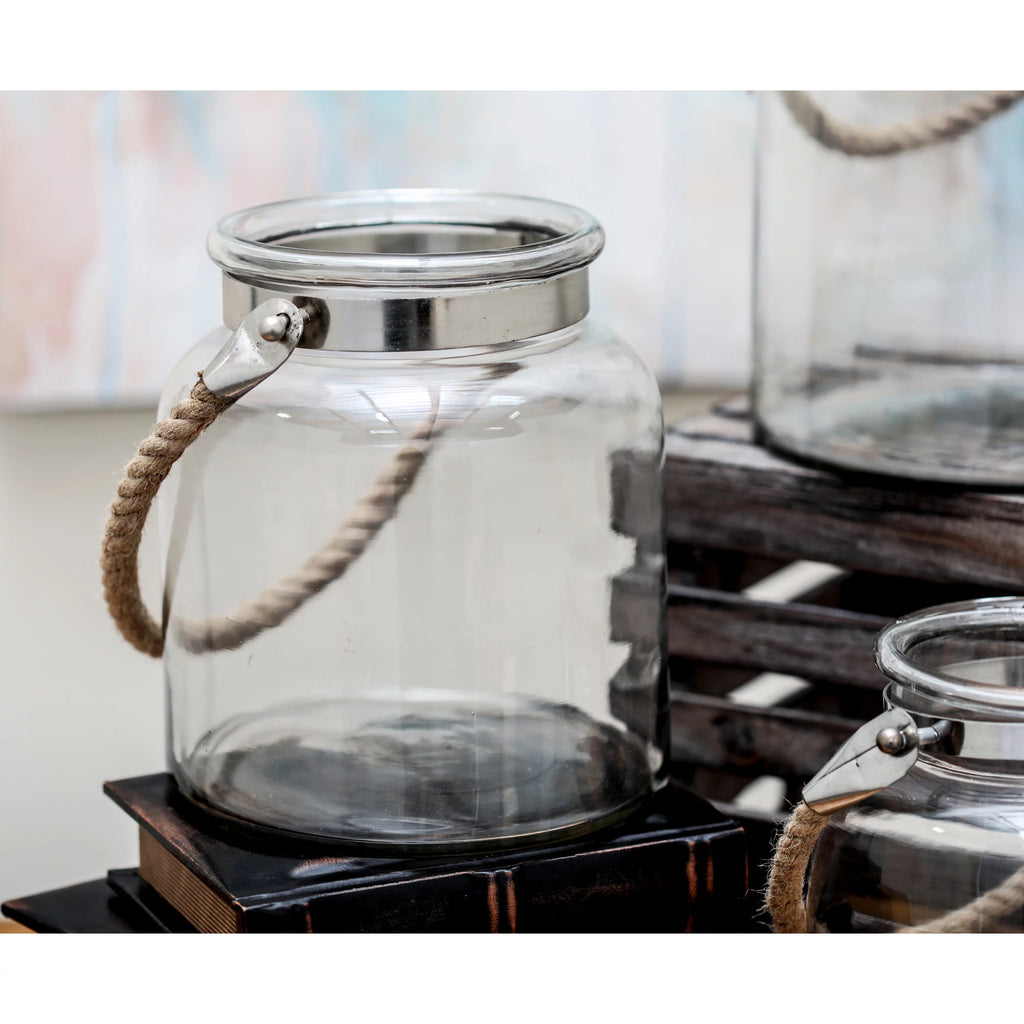 Clear Glass Handmade Decorative Candle Lantern with Rope Handle H245