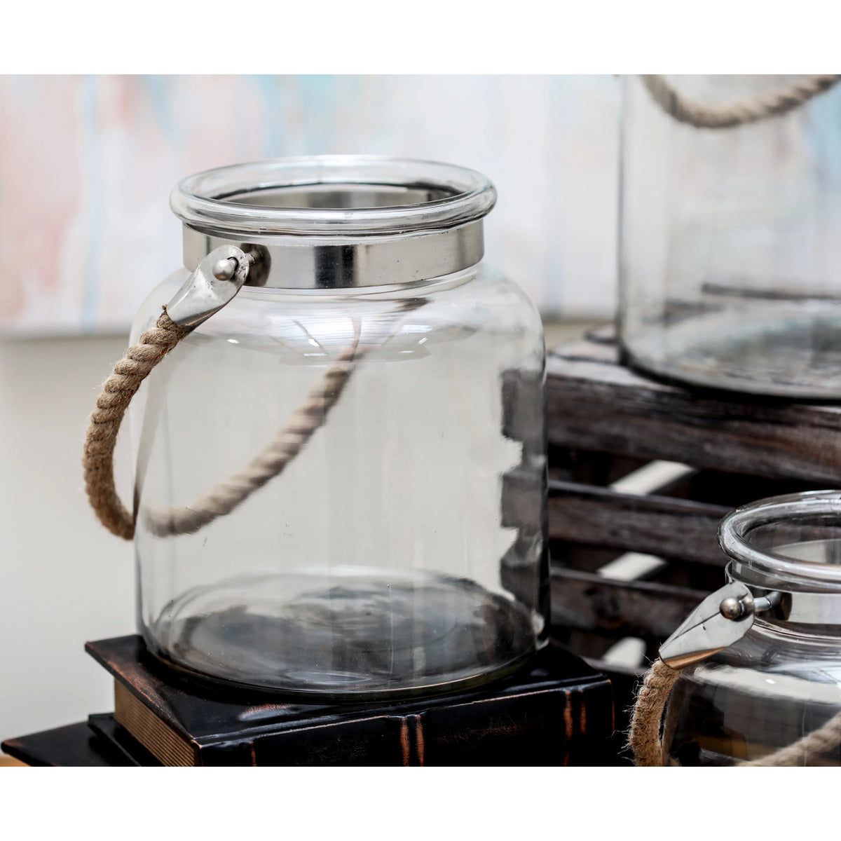 Clear Glass Handmade Decorative Candle Lantern with Rope Handle H245