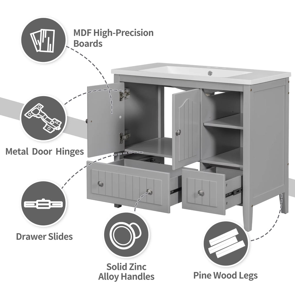 36" Bathroom Vanity with Sink, Undermount Storage Cabinet Set, Gray J64991