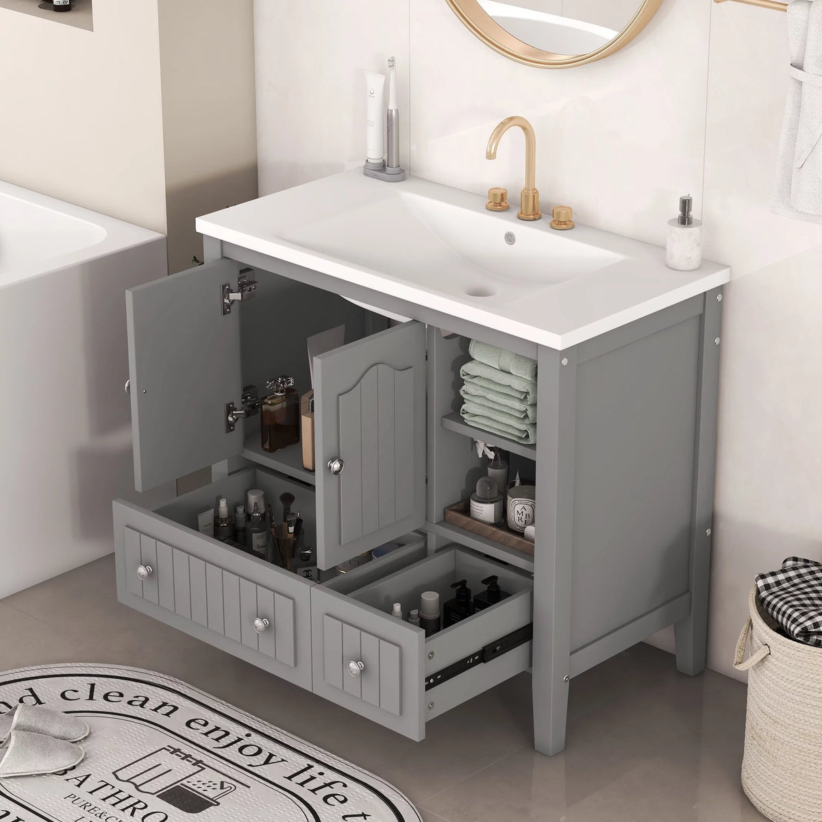 36" Bathroom Vanity with Sink, Undermount Storage Cabinet Set, Gray J64991