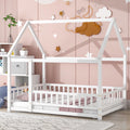 Full Size White Wooden Floor Bed with House Roof Frame M53808