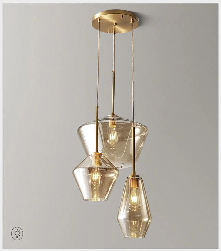 Vintage Glass 3 Light Pendant Lamp Adjustable Height Gold Finish K62958