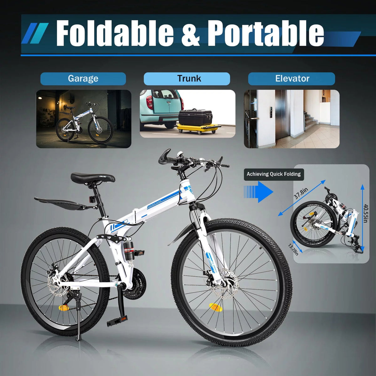 26 Mountain Folding Bike 21-speed Blue & White O224