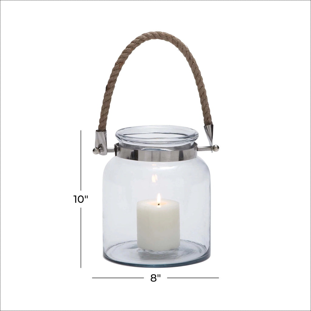 Clear Glass Handmade Decorative Candle Lantern with Rope Handle H245
