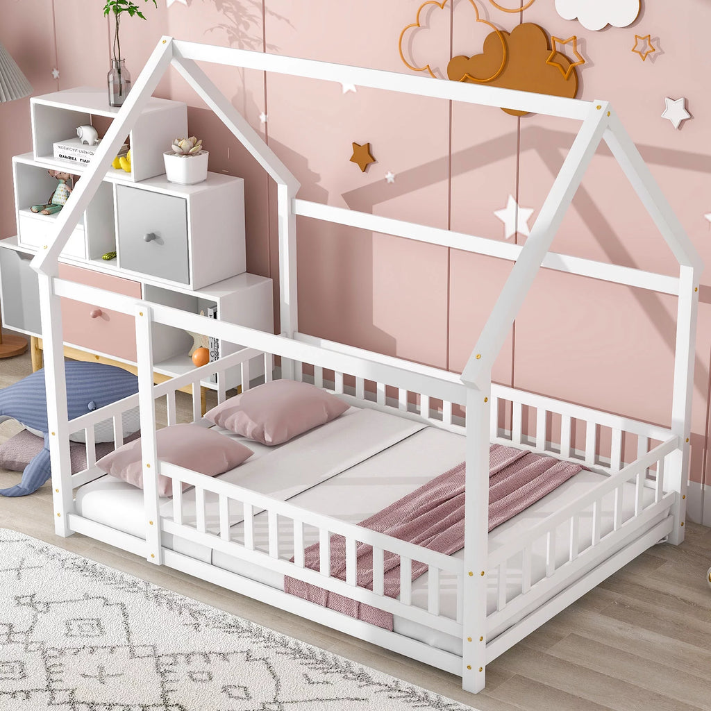 Full Size White Wooden Floor Bed with House Roof Frame M53808