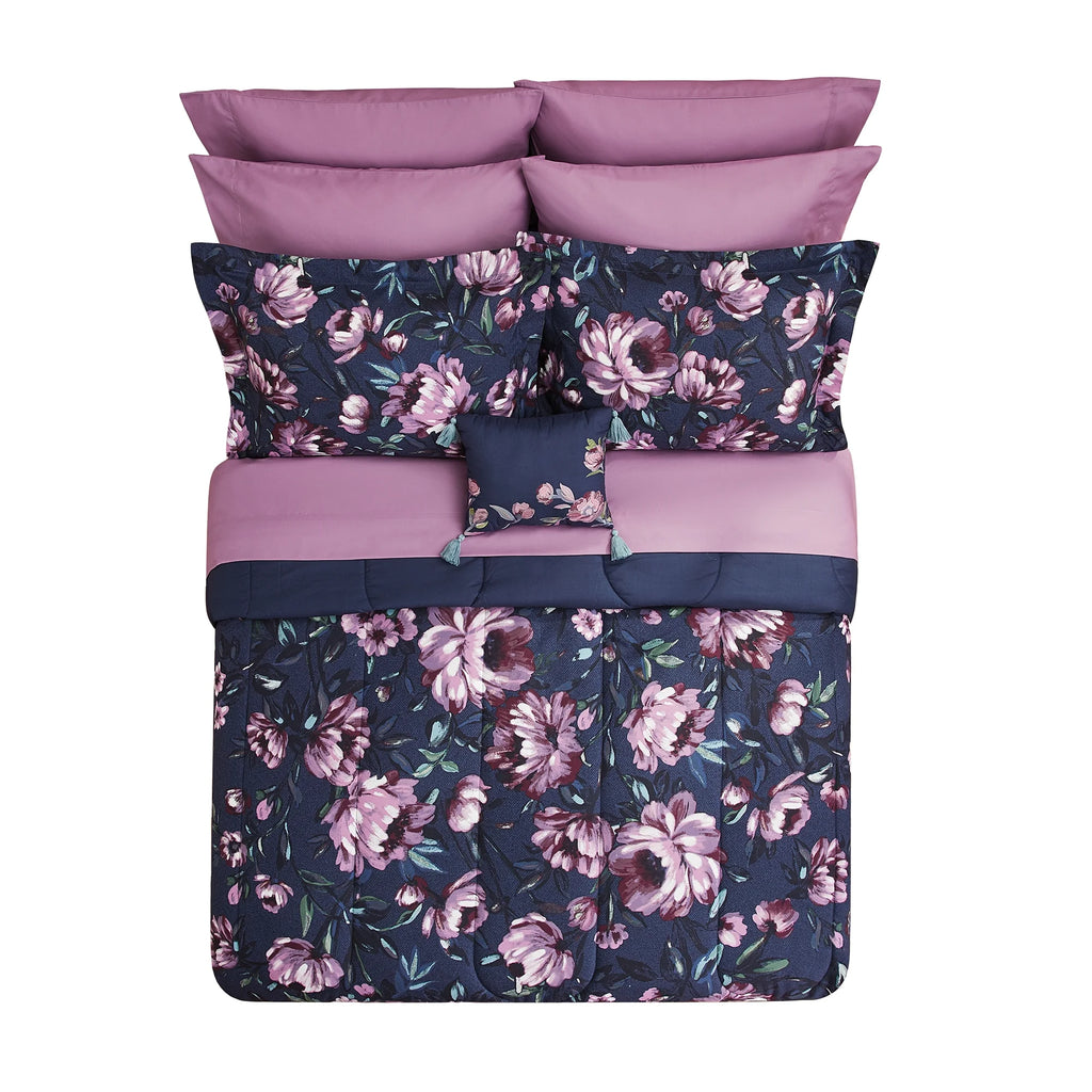 Blue Floral 10 Piece Queen Comforter Set with Sheets B9242
