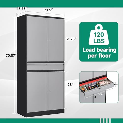 Metal Garage Storage Cabinet with Drawer, 4 Door Tool Cabinet with Lock D638