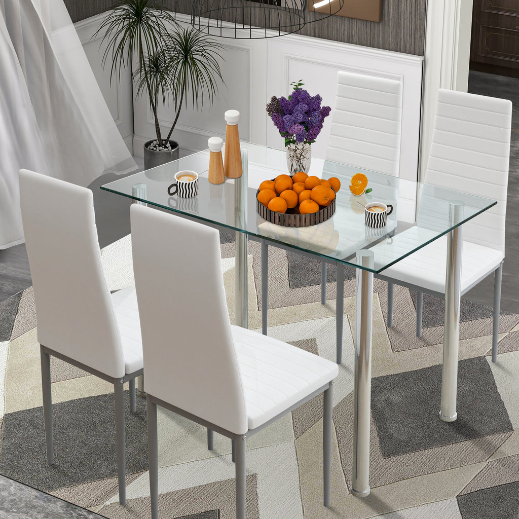 White Tempered Glass Dining Table Set for 4 with 4 PU Leather Chairs O2992